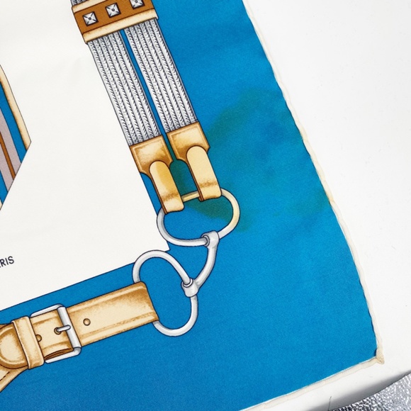 Celine Vintage 100% Silk Large Teal Bridle Horse Saddle Equestrian Scarf - Picture 6 of 14